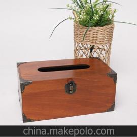 新款Zakka 创意家居用品古典棕色古铜片装饰衫木手工方形抽纸巾盒